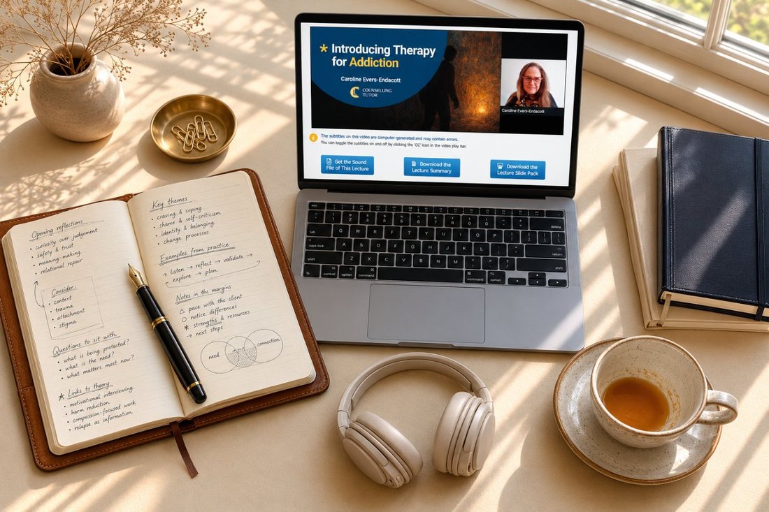 A Student Library lecture open on a laptop, showing the buttons to download the lecture audio, summary and slide pack, beside a handwritten reflective journal, headphones and a cup of tea